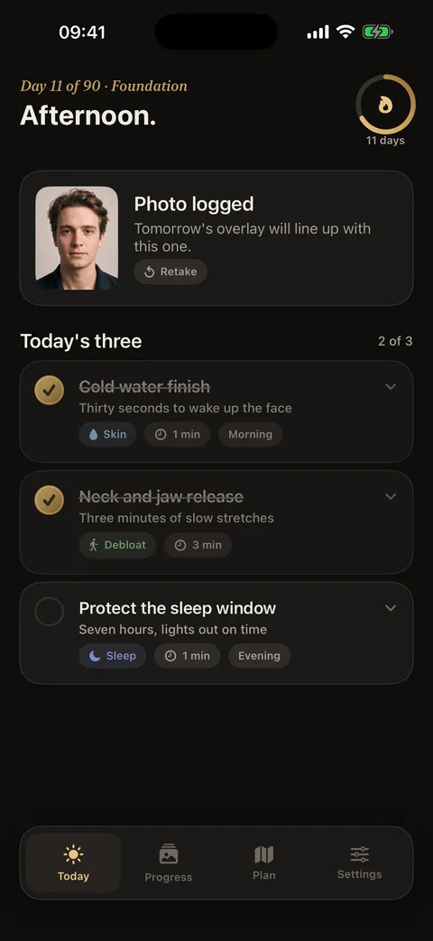 Chisel's Today screen on iPhone: day 11 of 90, the logged photo and today's three tasks