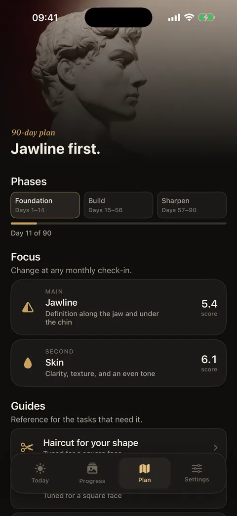 Chisel's Plan screen: jawline first, three phases, focus scores and guides