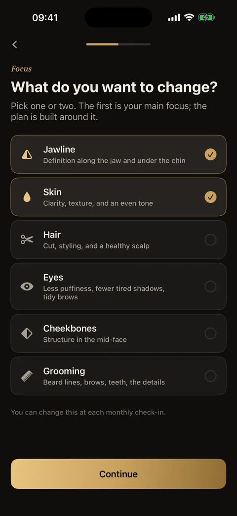 Chisel's focus screen: pick one or two of jawline, skin, hair, eyes, cheekbones, grooming