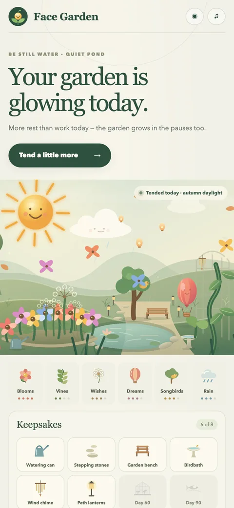 Face Garden's home screen: a sunny garden with the bloom bed, vines and songbird tree, keepsakes below