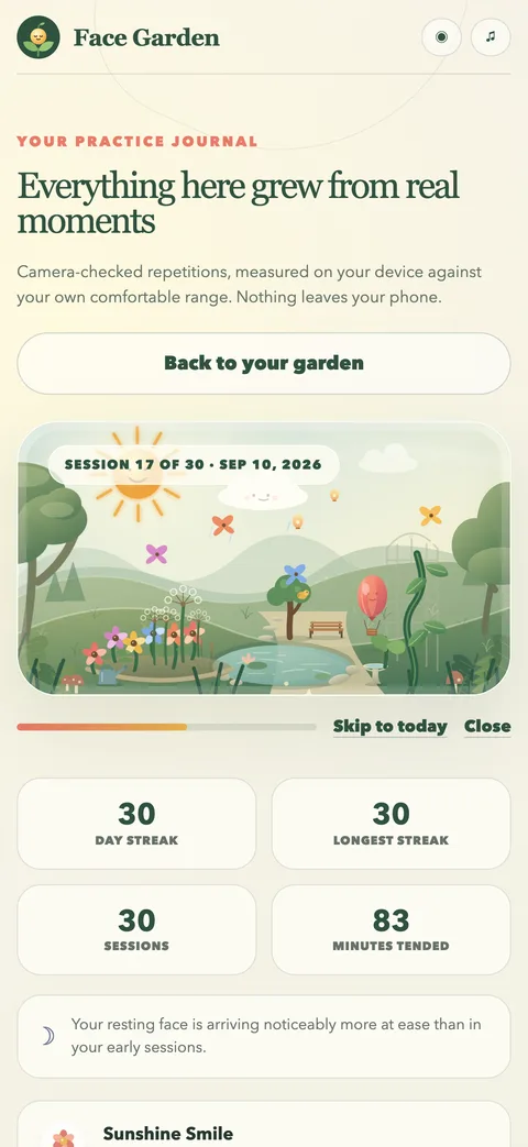 Growth replay: the garden replayed session by session, with the streak and minutes tended