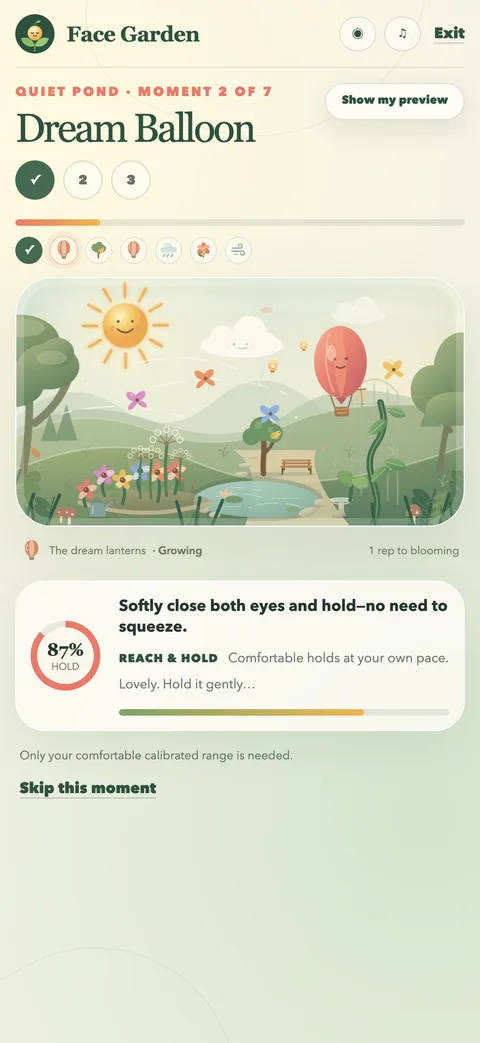 A Face Garden session: the Dream Balloon movement, a hold checked at 87% of your own range