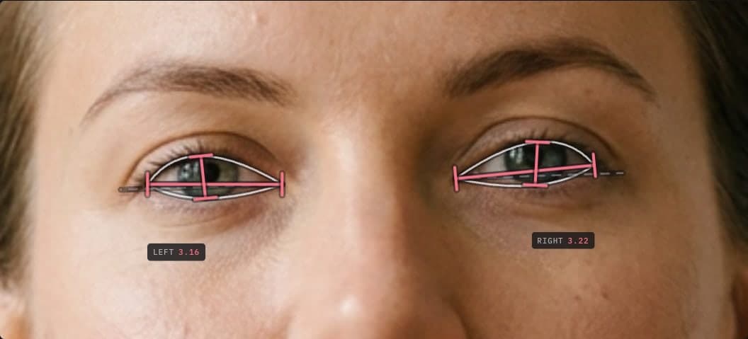 Eye shape measurement example: a close crop of both eyes with the opening outline traced and the corner-to-corner axis drawn against a level reference