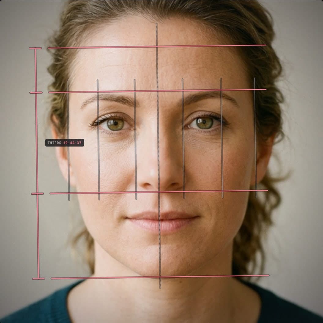 Attractiveness test with visible measurements: a front-facing photo with the proportion lines drawn across the face - eye spacing, nose width, mouth width and facial thirds - from The Face Report's free tool