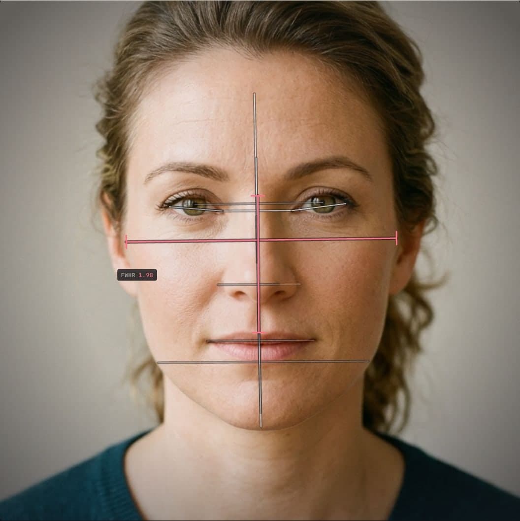 Cheekbone width measurement example: a front-facing photo with the bizygomatic width, jaw width and facial thirds drawn as measured lines and the facial width-to-height ratio read as 1.98