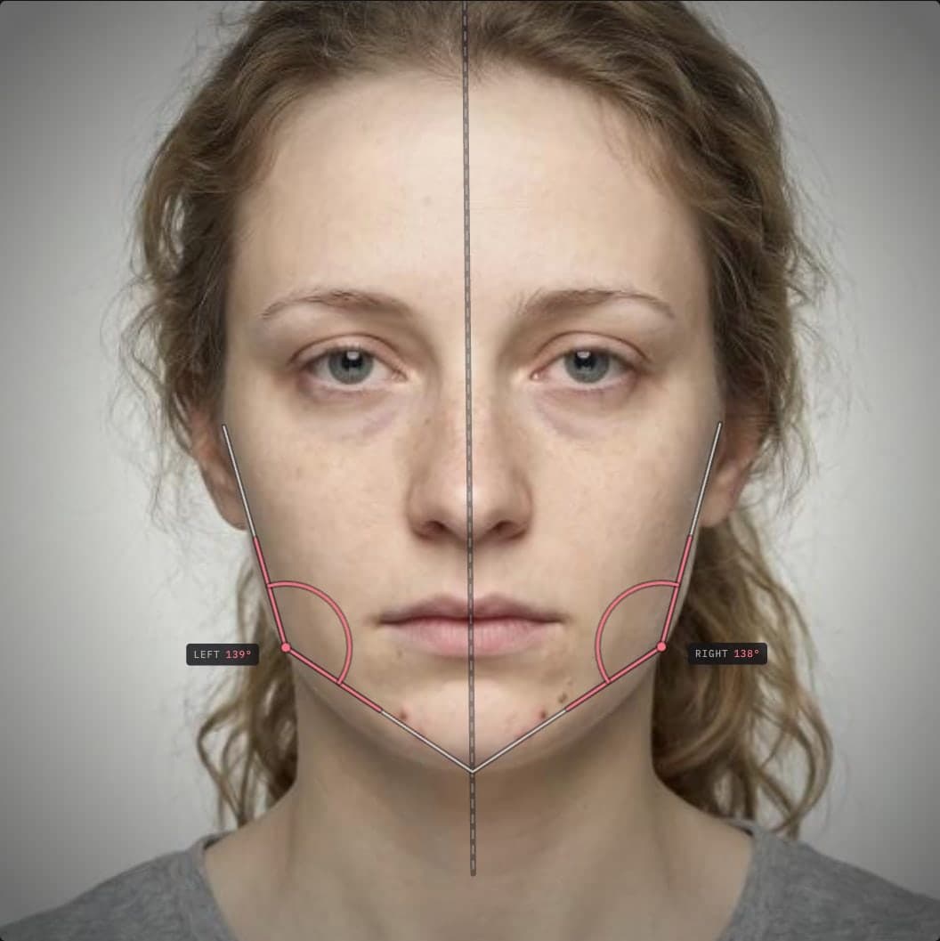 Jawline measurement example: a front-facing photo with the jaw corner angle drawn on both sides, 139 degrees left and 138 degrees right, against the fitted face axis