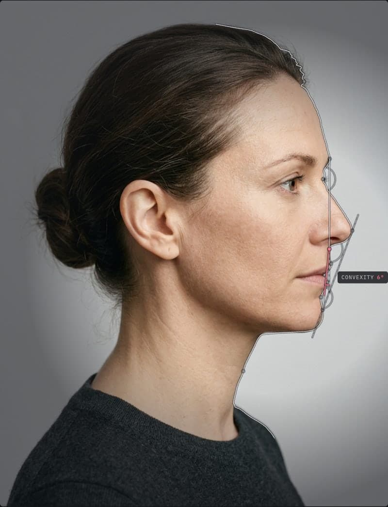 Side profile analysis example: a true side photo with the silhouette traced from forehead to chin and the facial convexity angle marked at 6 degrees