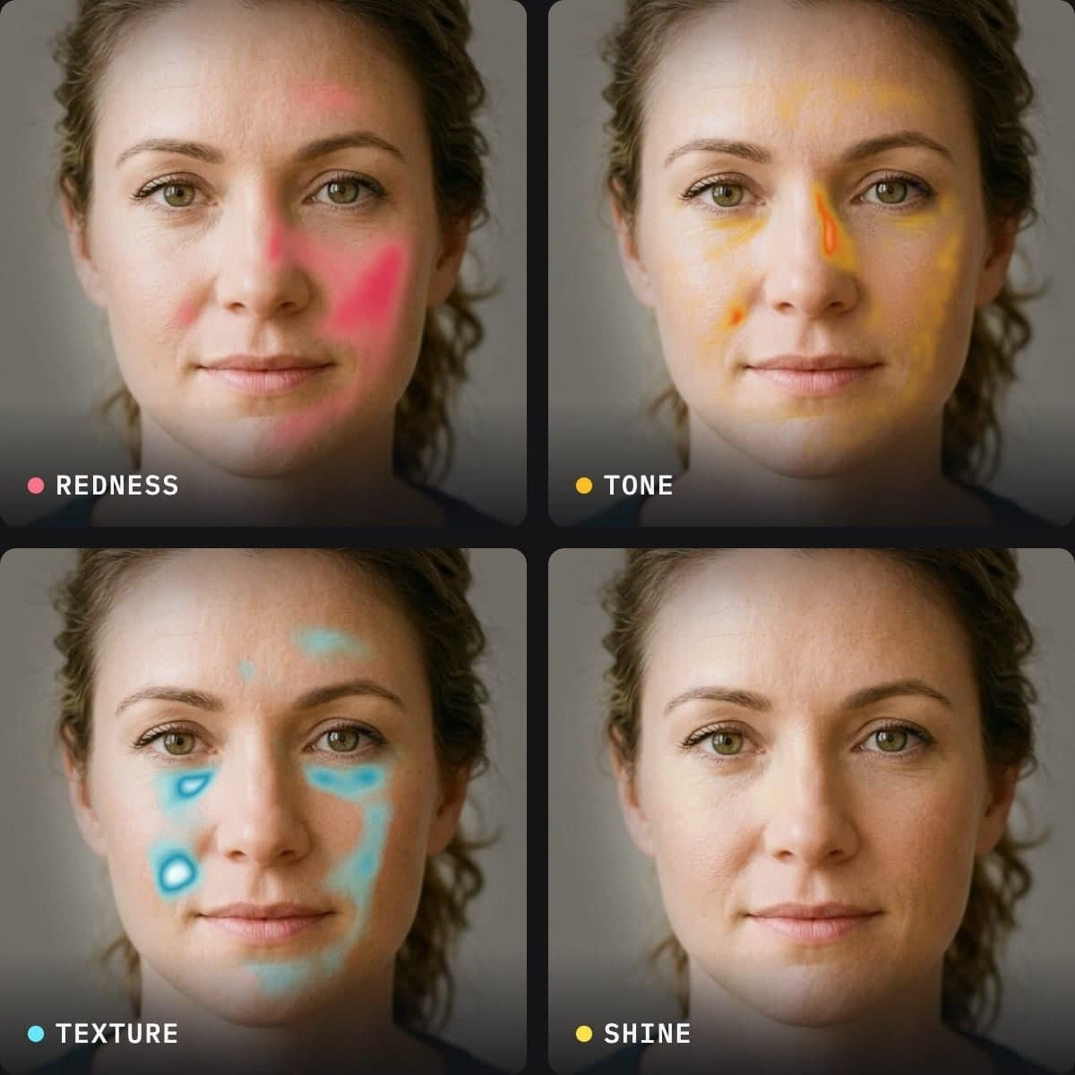 Face glow up skin baseline: a front-facing photo with the skin analysis map overlaid, showing redness, tone evenness, texture and shine heat zones across the cheeks, forehead, nose and chin