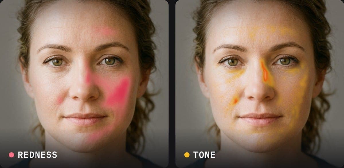 Example skin map: redness and tone overlays on one selfie