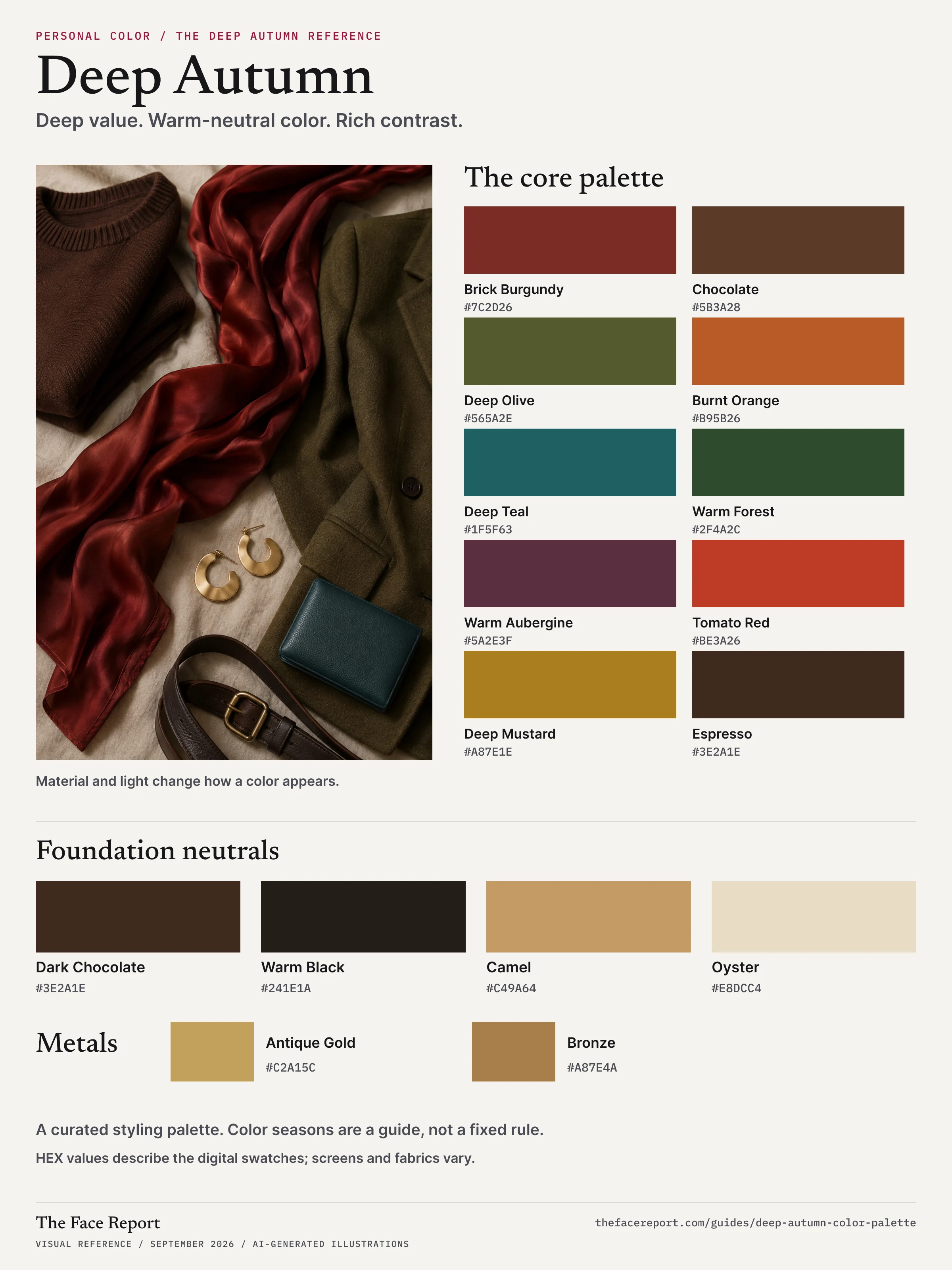 Deep Autumn color reference sheet with a chocolate knit, burgundy silk, olive jacket, teal accessory and gold earrings alongside ten named core colors, four neutrals and two metals, each with its hexadecimal color value.