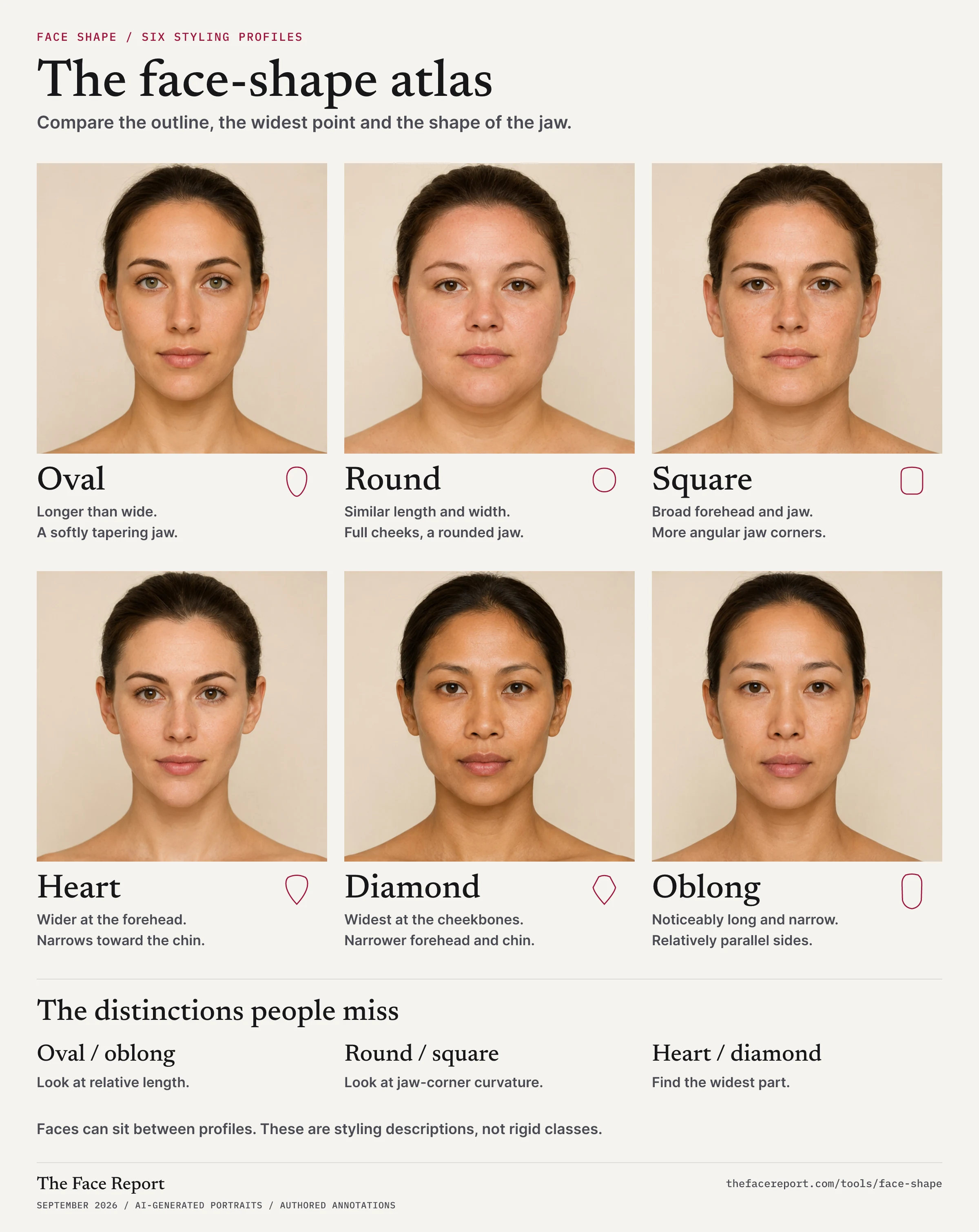 Six face-shape examples with outline icons: oval has a softly tapering jaw, round has fuller cheeks, square has angular jaw corners, heart narrows from the forehead, diamond is widest at the cheekbones, and oblong is long and narrow.
