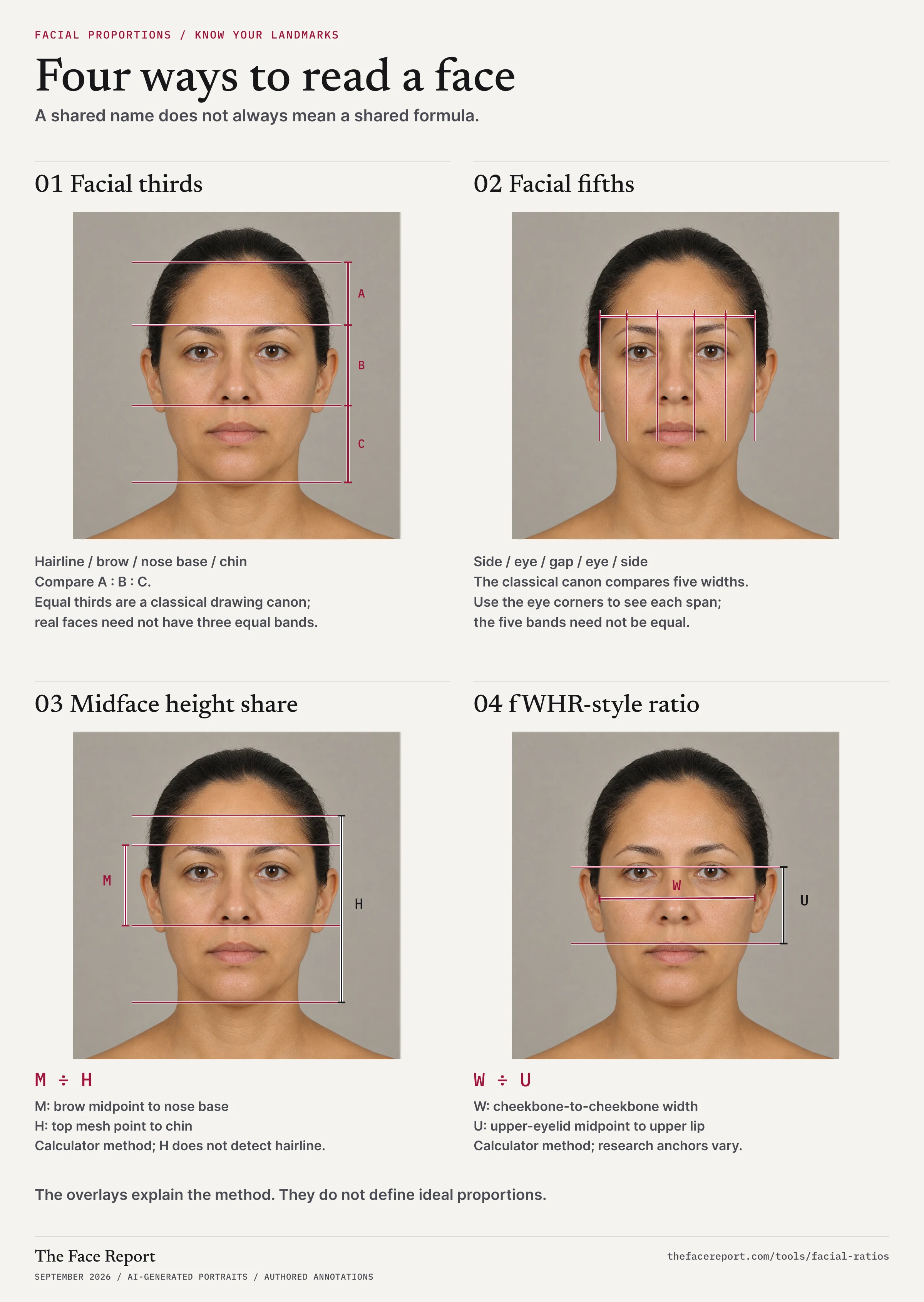 Facial-ratio atlas with four annotated portraits: classical facial thirds and fifths, midface height divided by visible mesh height, and cheekbone width divided by upper-eyelid-midpoint-to-upper-lip height. Each panel explains its landmarks.